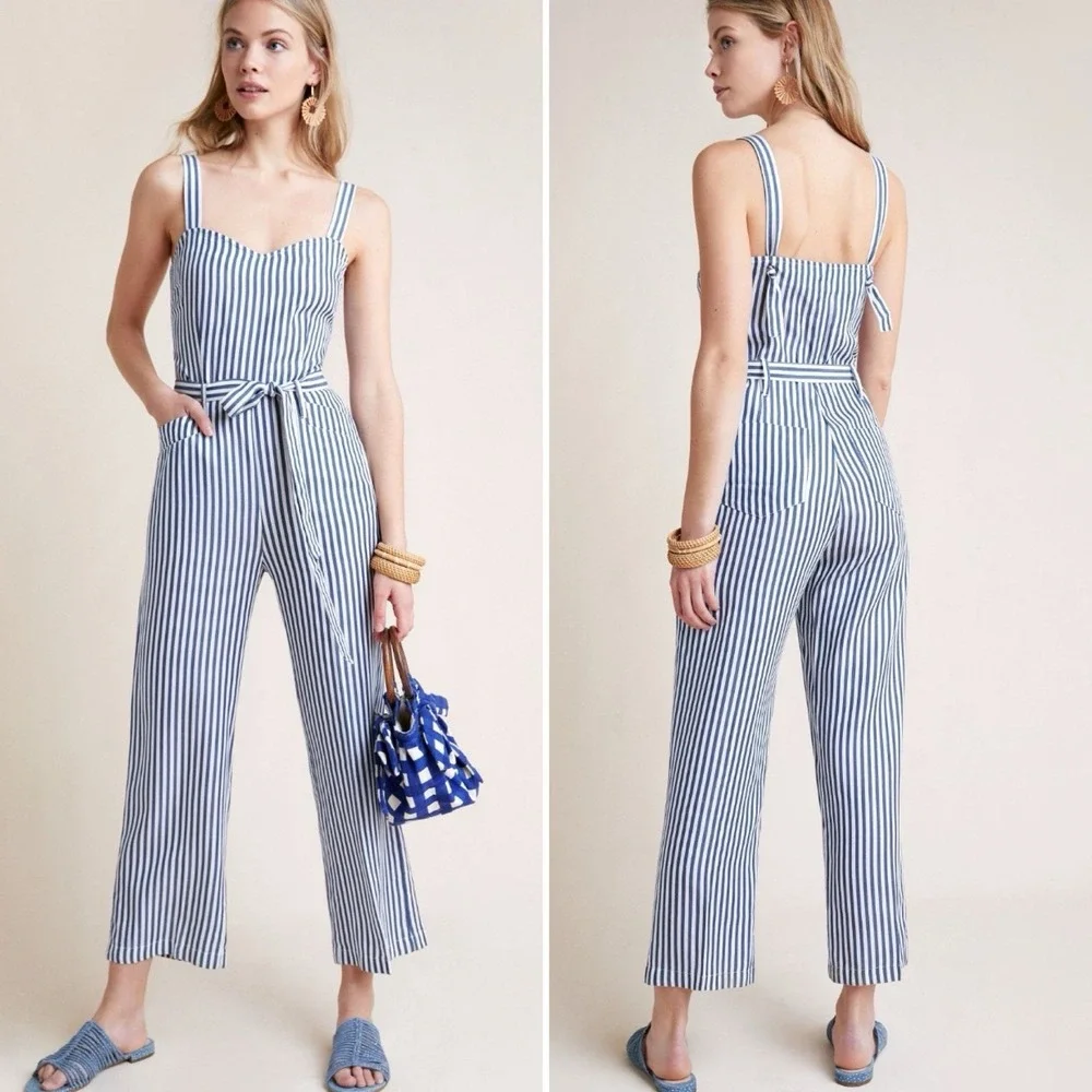 Paige For Anthropologie Emma‎ Jumpsuit in White & Navy Summer Size Medium